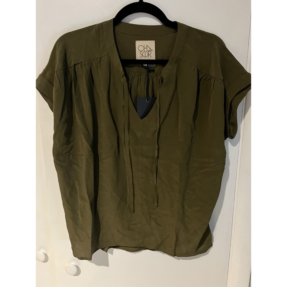 NWT Chaser Olive Green Blouse Size XS Tie Front Top Shirt Relaxed Runs Big